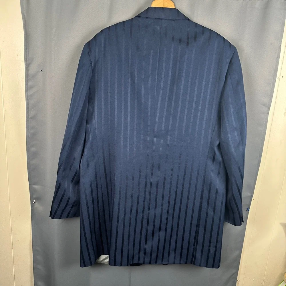 Falcone Curtis Mens 50 Long Navy Blue Pinstripe 3-Button Longline Blazer Jacket